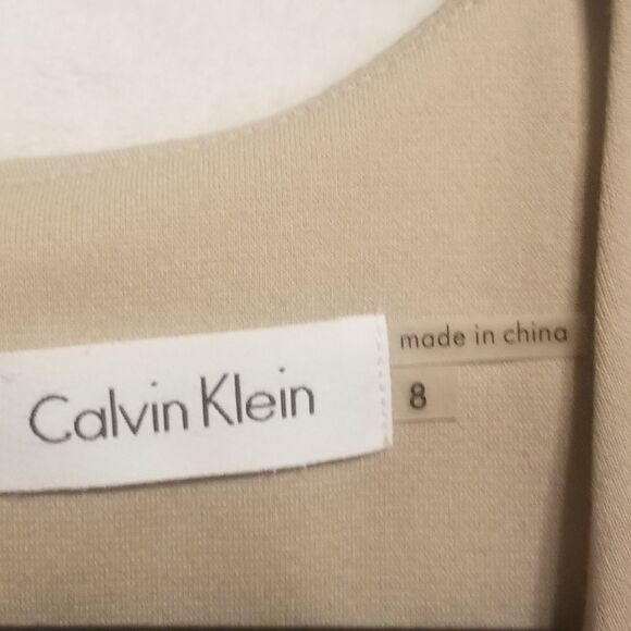 Calvin Klein 10 Dress Knee Length Sleeveless Striped Sheath Beige & White Career - Picture 4 of 8